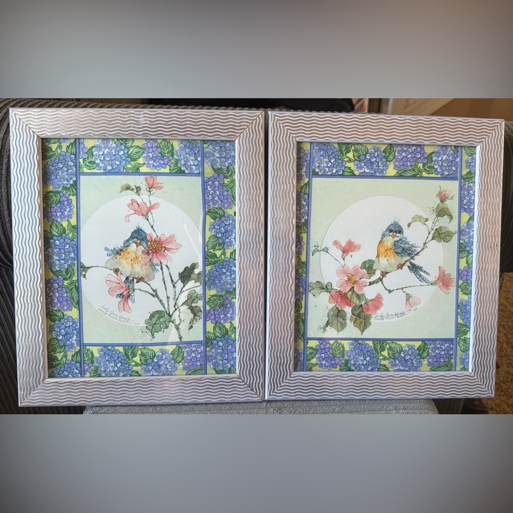 VTG Carolyn Shores Wright 1990 Bluebird and Floral Watercolor Art Print Set of 2